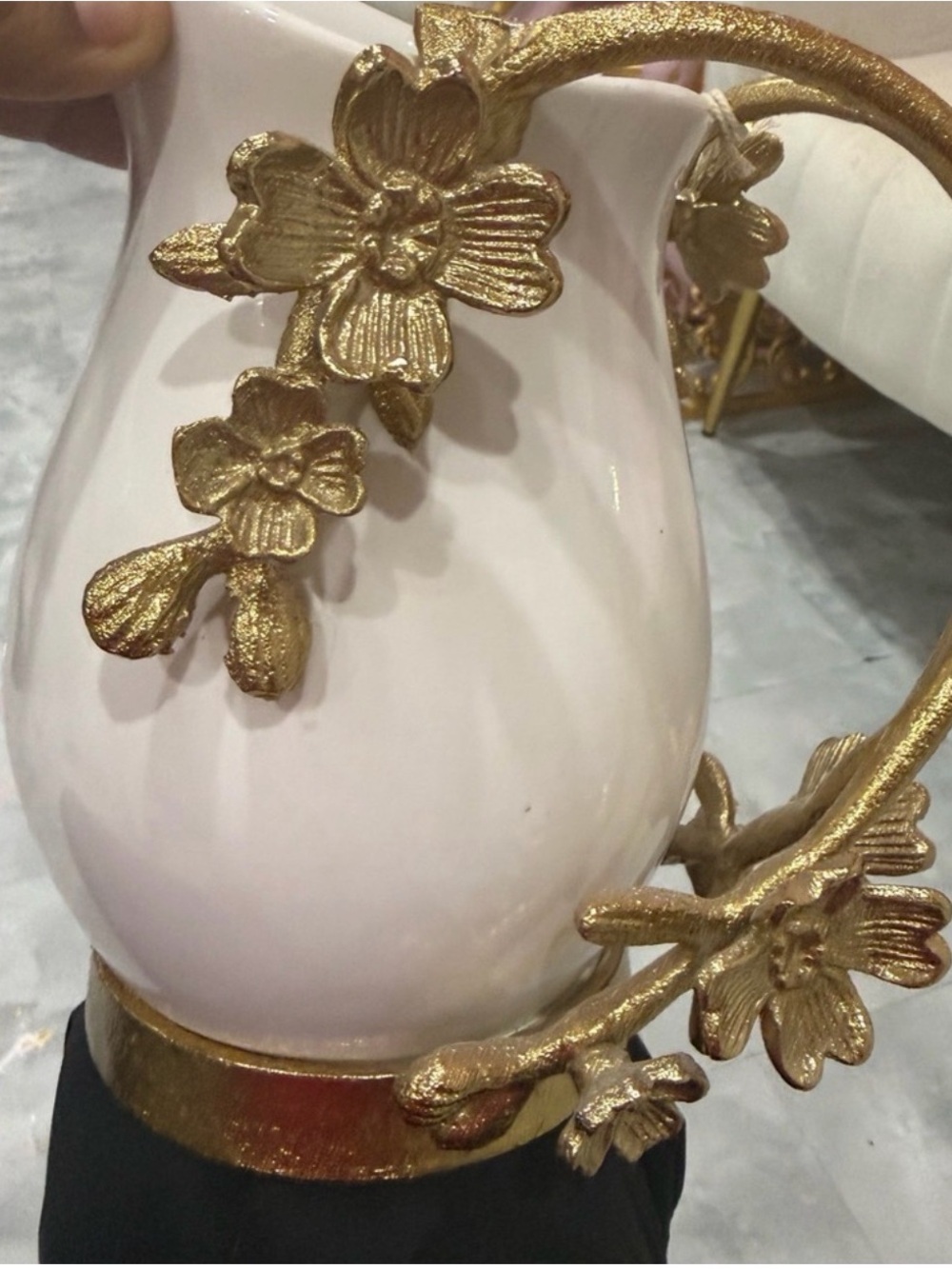 Gold Floral Accent Pitcher - White Ceramic Decorative Vase